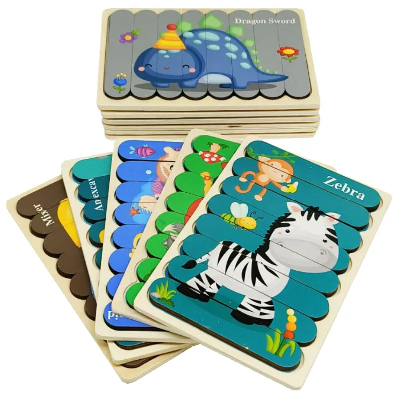 Cartoon Animal Double-sided Wooden 3D Puzzle Kids Montessori Materials Games for Baby Educational Learning  Toys for Children